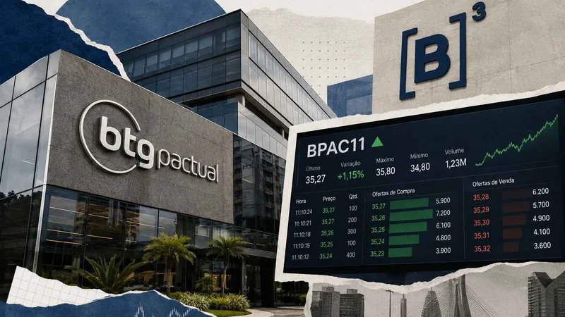 Colagem com sede do BTG Pactual e painel da B3 exibindo a ação BPAC11 em destaque.