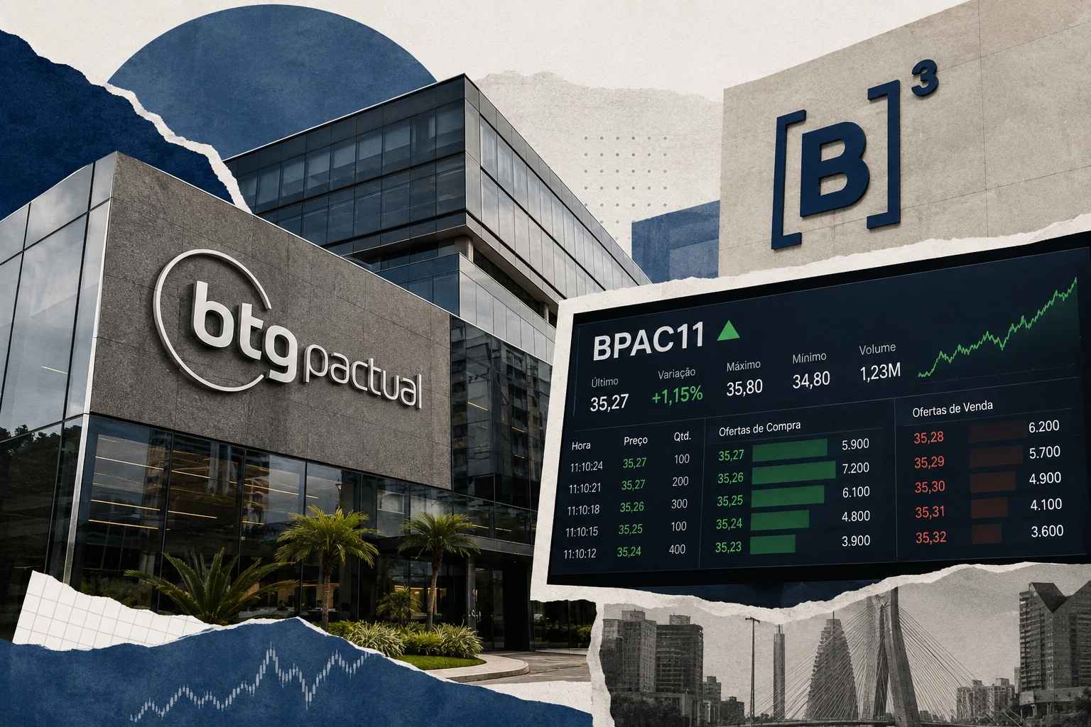 Colagem com sede do BTG Pactual e painel da B3 exibindo a ação BPAC11 em destaque.