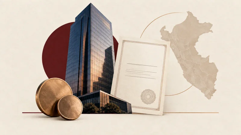 Torre bancária, mapa do Peru e licença em colagem editorial