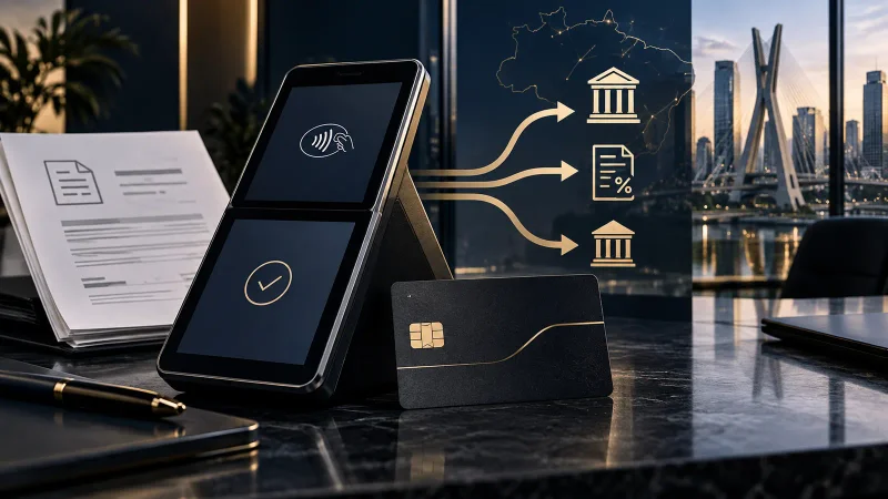 Terminal de pagamento, cartão empresarial e celular em colagem minimalista
