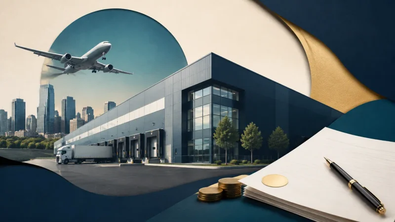Colagem minimalista com galpão logístico próximo a uma grande cidade e documento de aquisição imobiliária