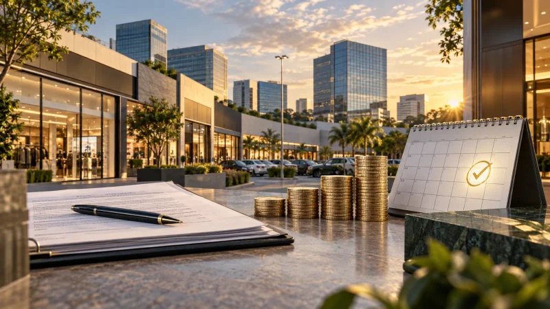 Centro comercial, edifícios, contrato e calendário representam distribuição extraordinária de fundo imobiliário