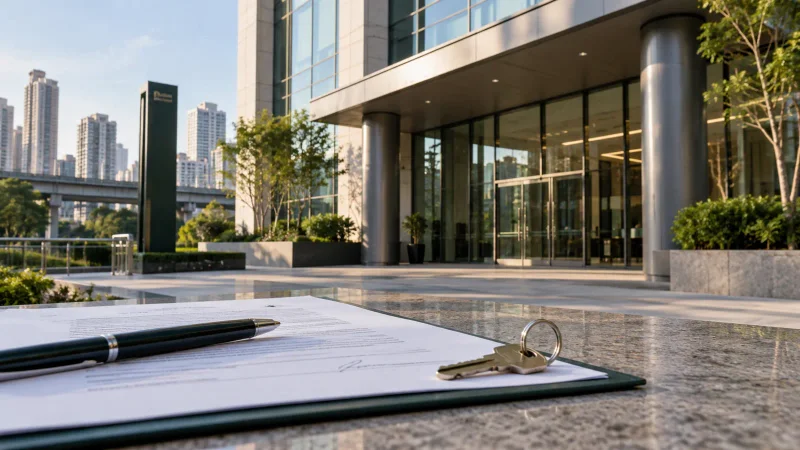 Edifício comercial em São Paulo com contrato e chave representando venda de imóvel pelo BVAR11