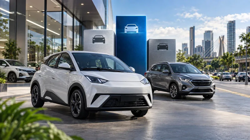 Carro elétrico compacto diante de concessionária e pódio abstrato representa avanço da BYD nas vendas
