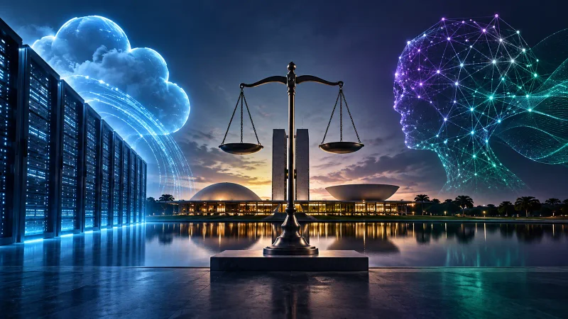 Data center, rede neural e balança representam a análise concorrencial da relação entre Amazon e Anthropic