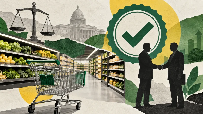 Colagem clean com supermercado, carrinho e símbolo abstrato de aprovação