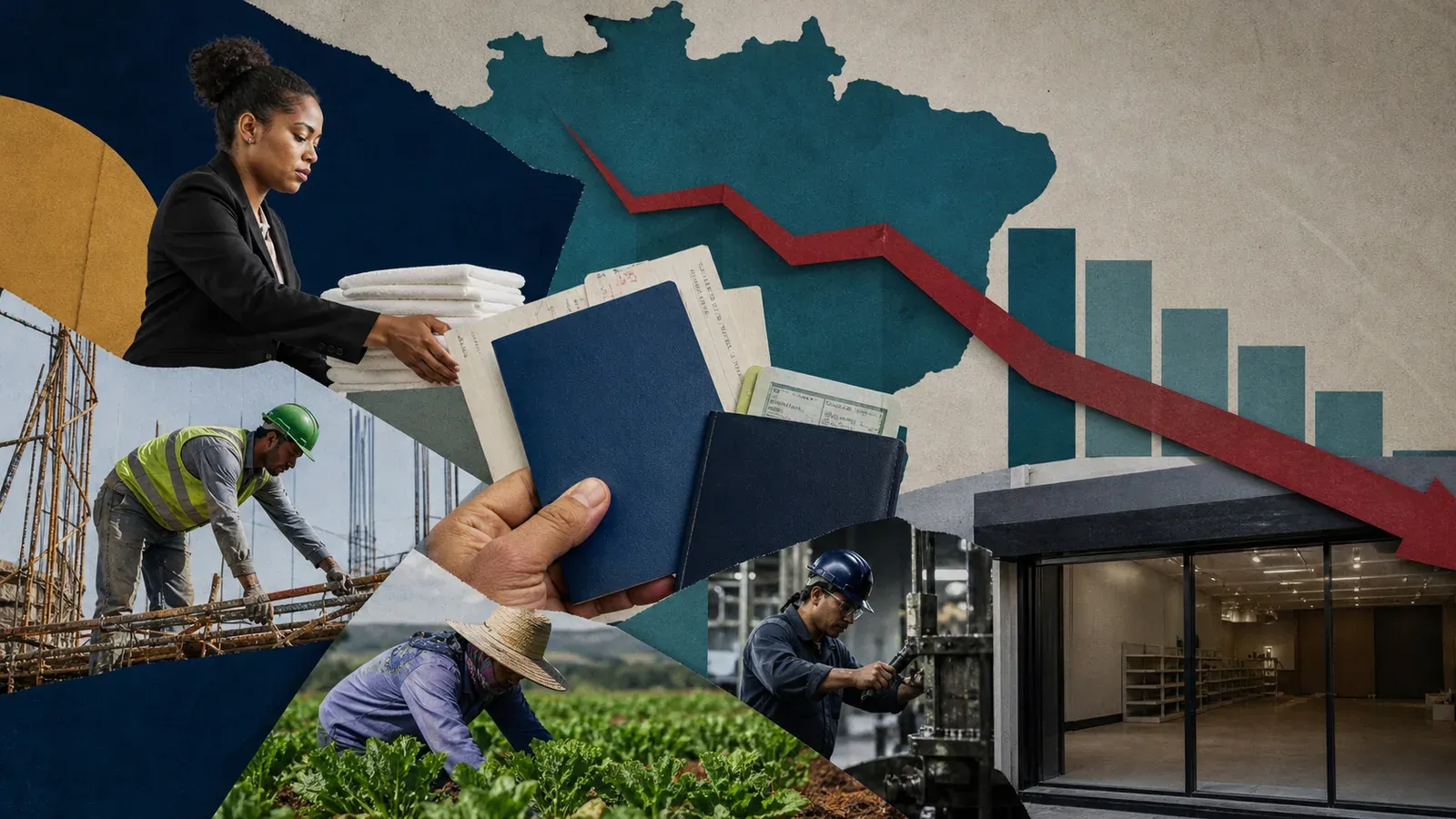 Colagem editorial com trabalhadores e gráfico representando a desaceleração do emprego formal em julho