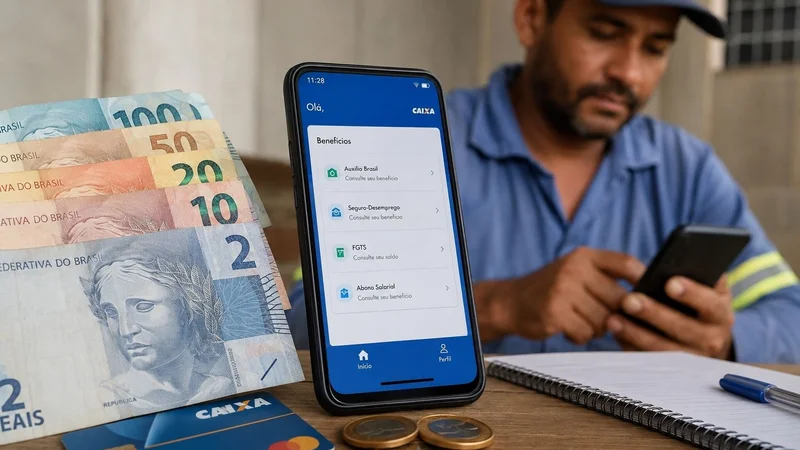 Trabalhador consulta benefícios pelo celular, com cédulas de real e cartão da Caixa em destaque. Imagem criada com inteligência artificial para o portal Analistas.com.br.