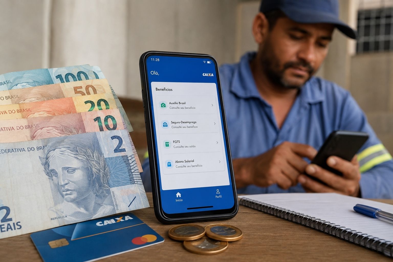 Trabalhador consulta benefícios pelo celular, com cédulas de real e cartão da Caixa em destaque. Imagem criada com inteligência artificial para o portal Analistas.com.br.
