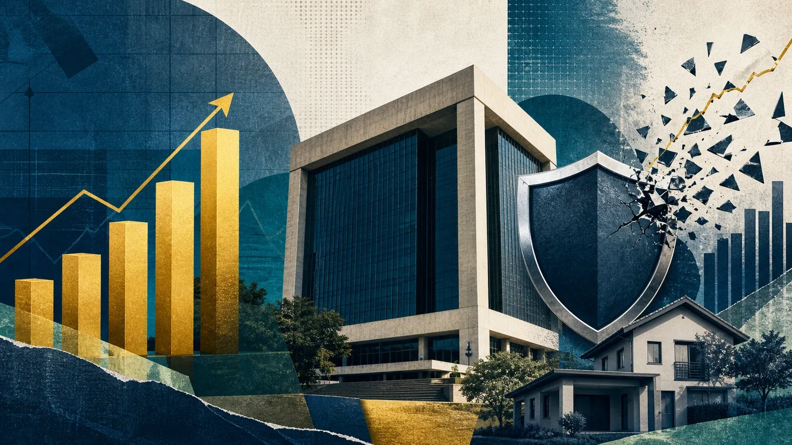 Colagem editorial com banco, gráficos de lucro, escudo de risco e casa financiada