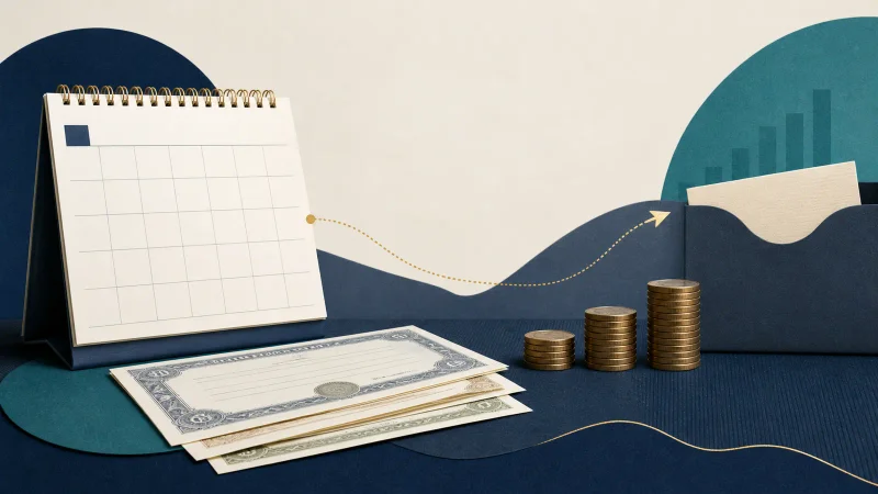 Calendário, certificados e moedas representam os pagamentos de dividendos de setembro de 2026