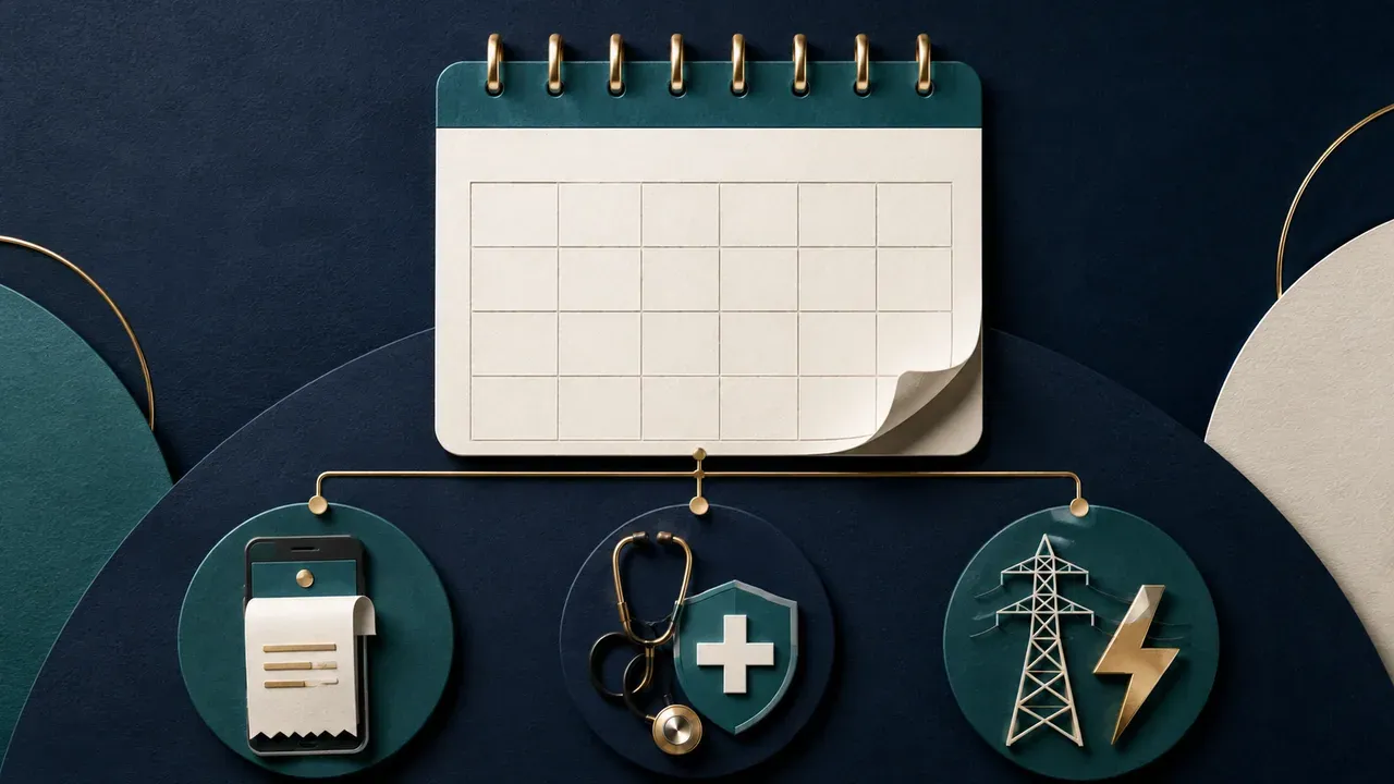 Colagem minimalista com calendário conectado a ícones de banco digital, saúde e energia representando eventos corporativos de setembro