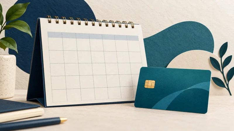 Colagem ilustrativa de calendário sem datas e cartão genérico para pagamento de benefícios do INSS.