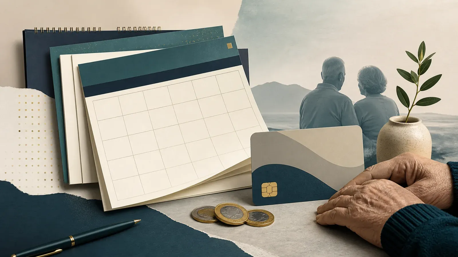 Calendário, cartão e mãos de idosos representam os pagamentos do INSS de setembro de 2026