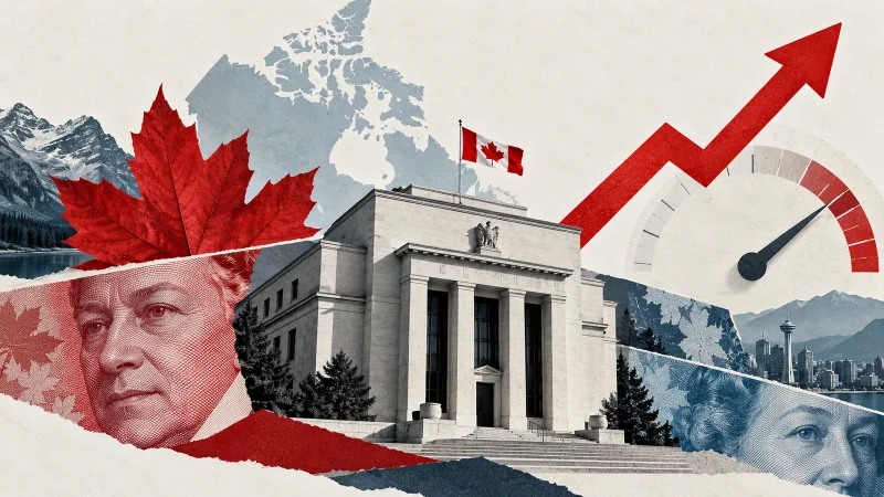 Colagem minimalista com mapa do Canadá, folha de bordo, banco central e seta de alta dos juros