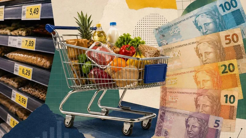 Carrinho de supermercado com alimentos, etiquetas de preço nas prateleiras e cédulas de real em composição estilo colagem.