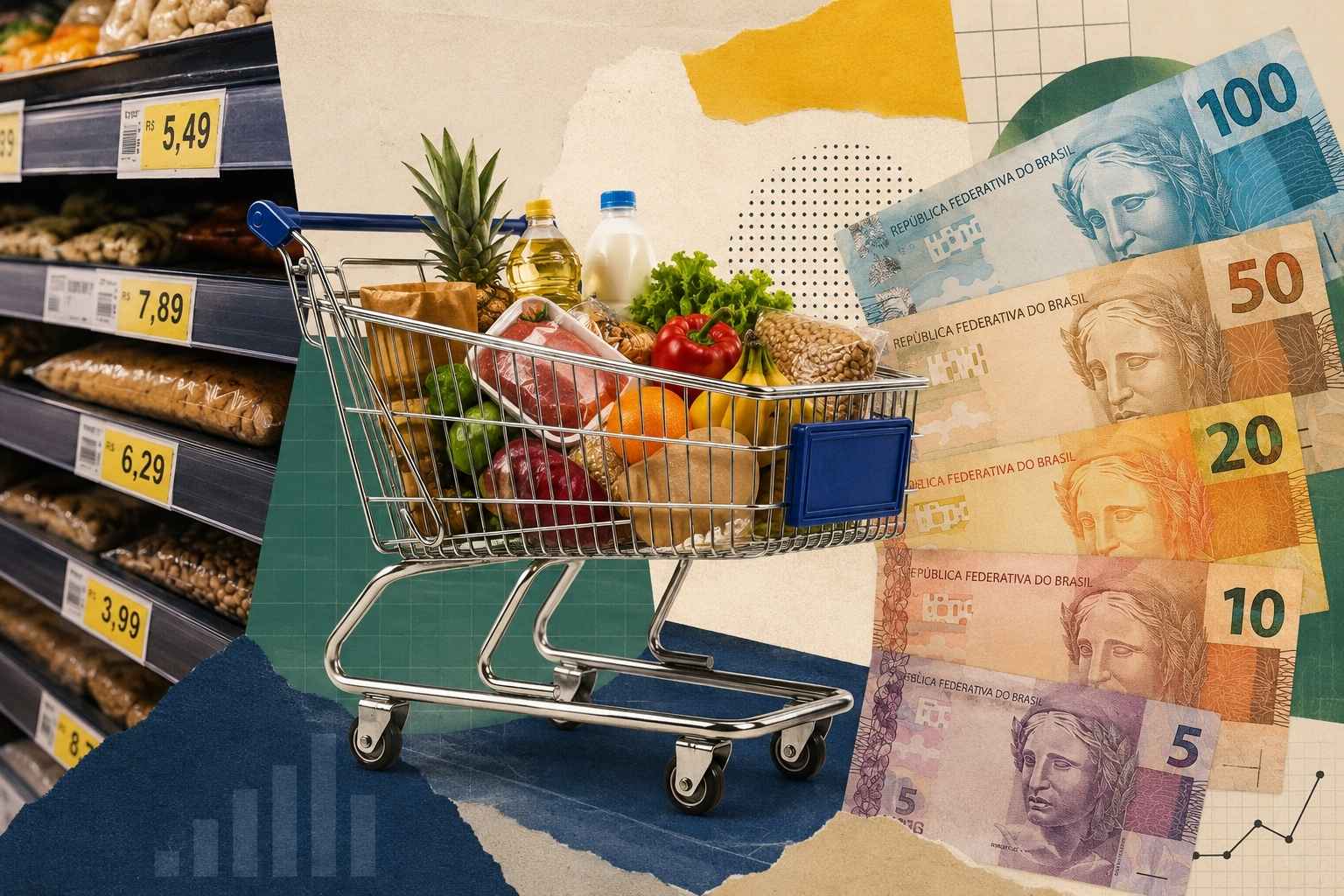 Carrinho de supermercado com alimentos, etiquetas de preço nas prateleiras e cédulas de real em composição estilo colagem.