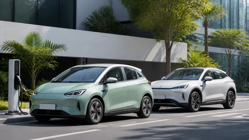 Carro elétrico compacto e SUV eletrificado próximos a ponto de recarga em cidade brasileira