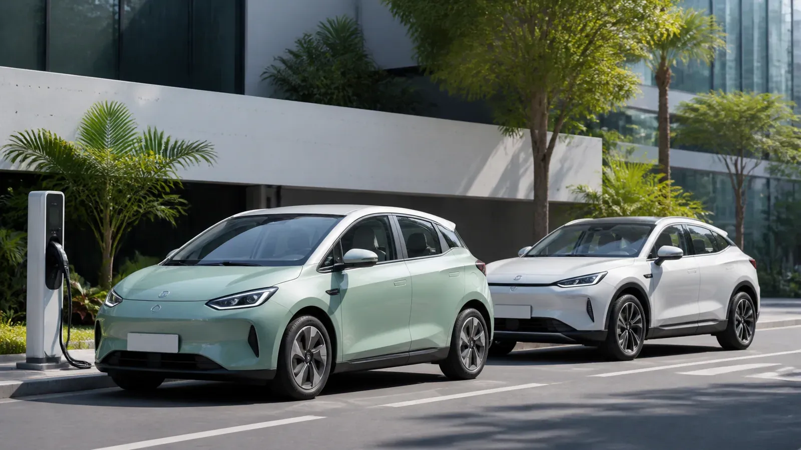 Carro elétrico compacto e SUV eletrificado próximos a ponto de recarga em cidade brasileira