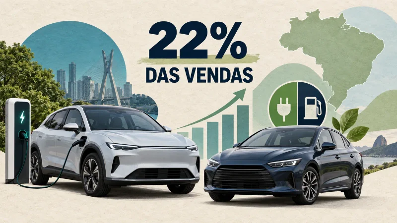 Colagem com carro elétrico em recarga, carro híbrido, mapa do Brasil e indicação de 22% das vendas