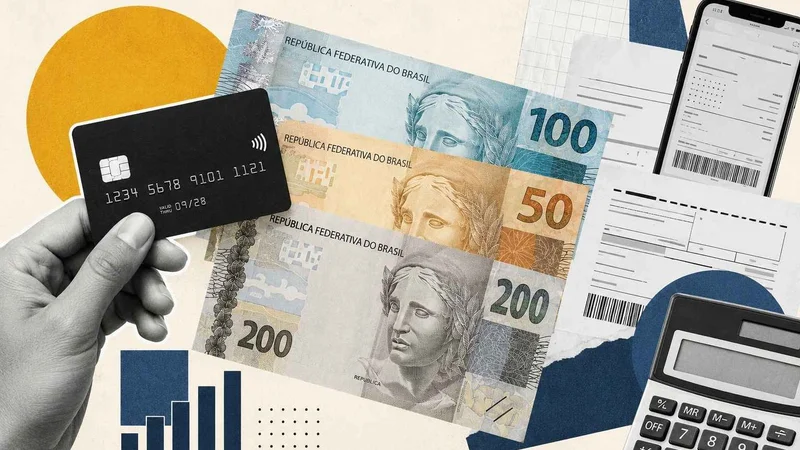 Cartão de crédito ao lado de cédulas de real, comprovante e calculadora em composição sobre finanças pessoais.