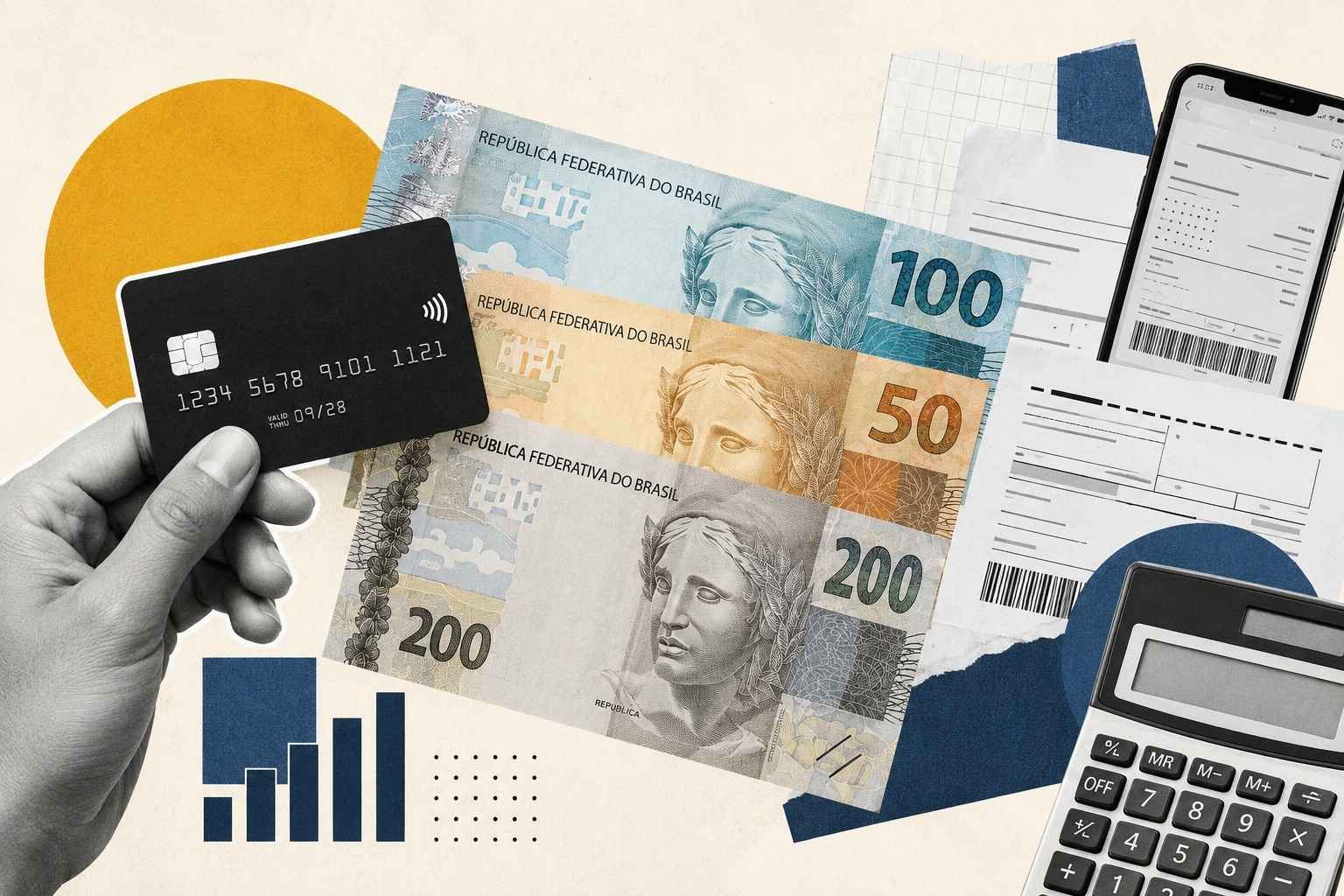 Cartão de crédito ao lado de cédulas de real, comprovante e calculadora em composição sobre finanças pessoais.