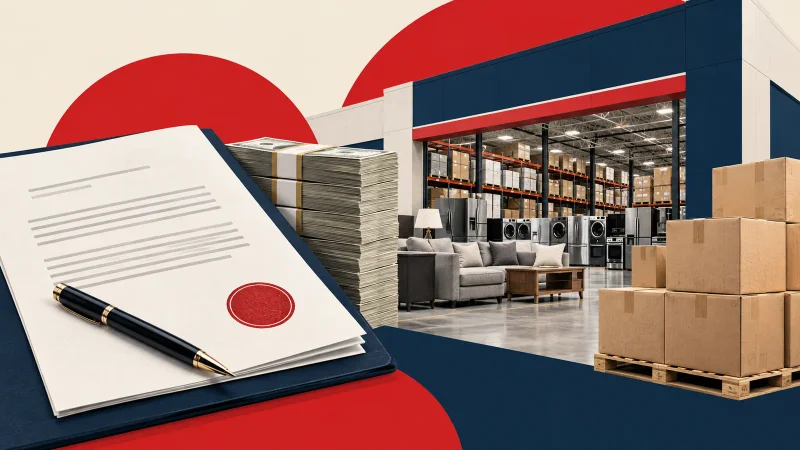 Colagem clean com loja de móveis, estoque e documento de financiamento emergencial