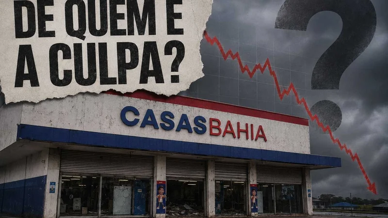 Fachada da Casas Bahia com gráfico de queda e grande interrogação, ao lado da frase “De quem é a culpa?”.