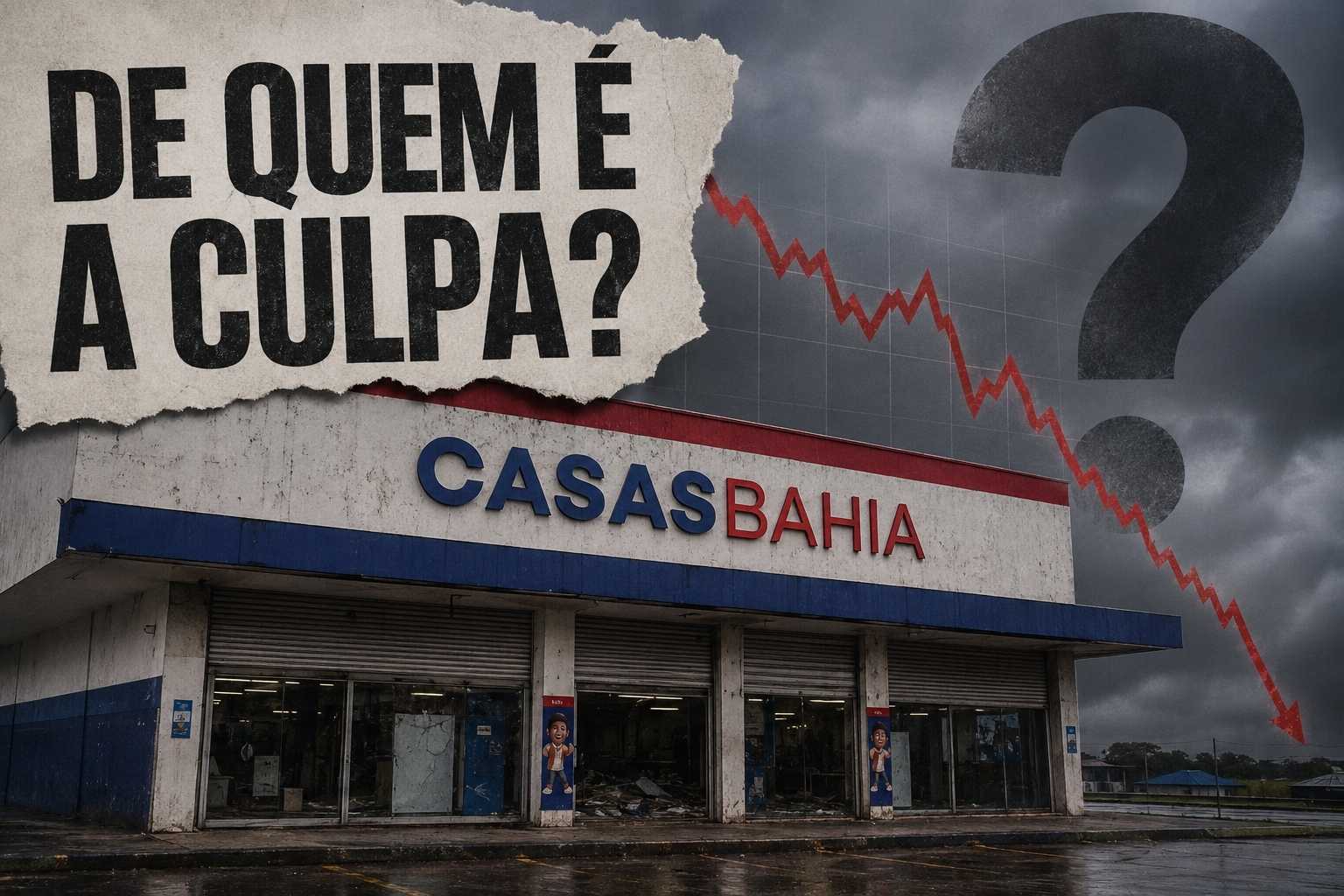 Fachada da Casas Bahia com gráfico de queda e grande interrogação, ao lado da frase “De quem é a culpa?”.