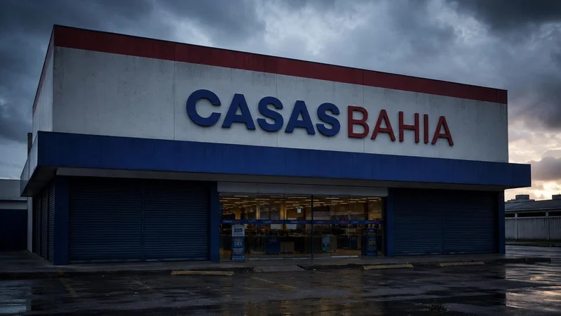 Fachada de loja Casas Bahia sob céu escuro e clima de instabilidade, em referência à recuperação judicial.
