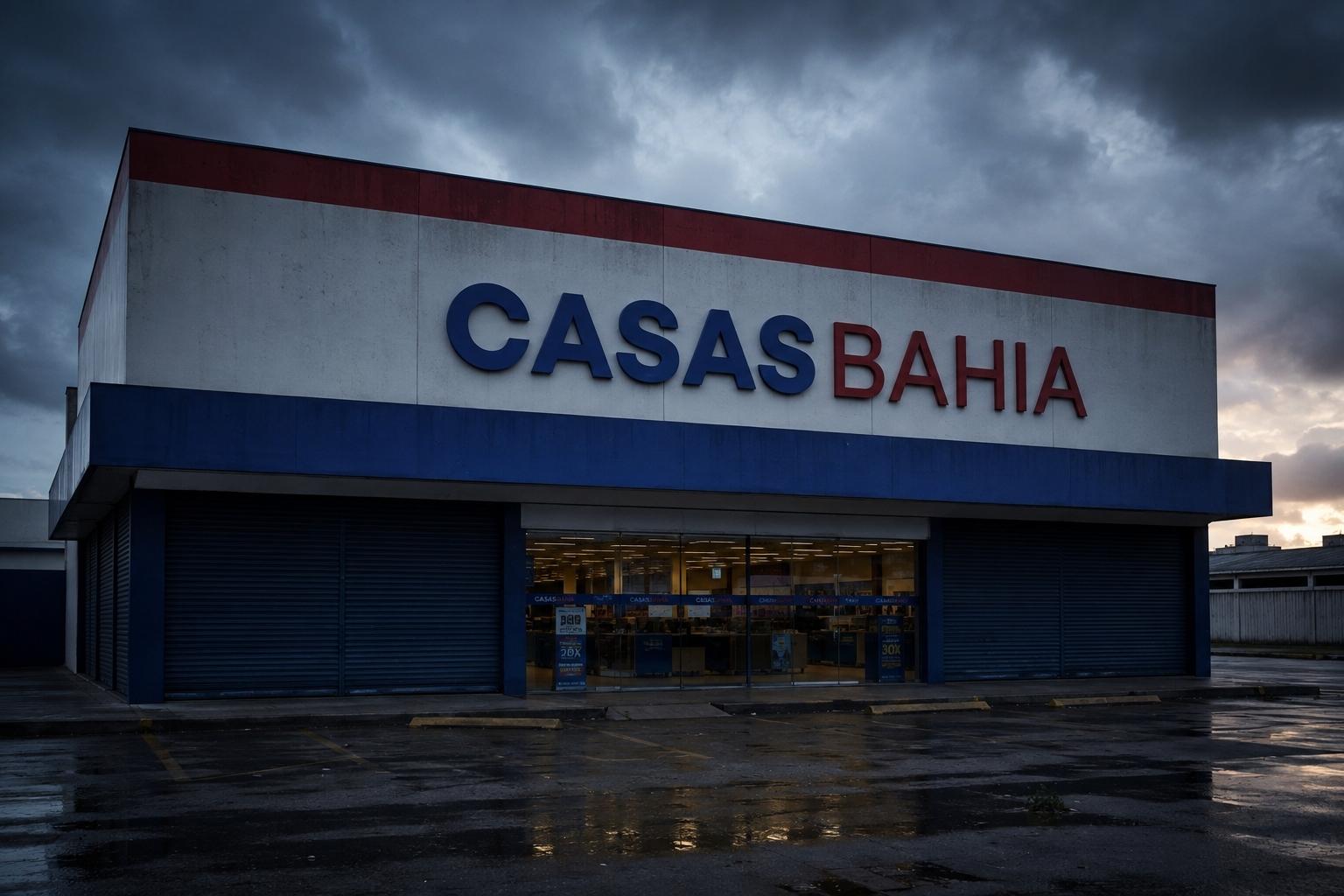 Fachada de loja Casas Bahia sob céu escuro e clima de instabilidade, em referência à recuperação judicial.