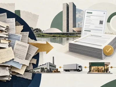 Colagem minimalista com Brasília, documentos fiscais, nota eletrônica e cadeia entre fábrica, transporte, comércio e consumidor