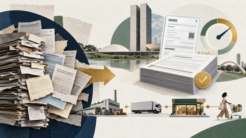 Colagem minimalista com Brasília, documentos fiscais, nota eletrônica e cadeia entre fábrica, transporte, comércio e consumidor