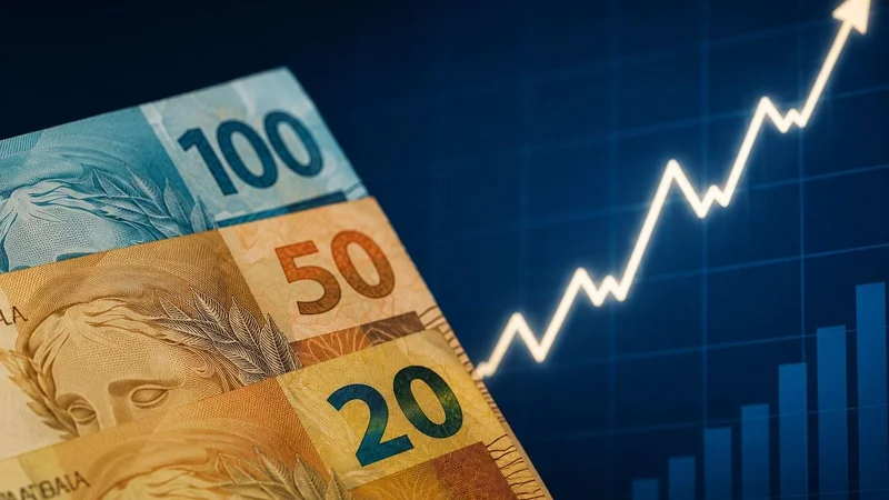 Cédulas de real em destaque diante de gráfico financeiro com trajetória de alta.
