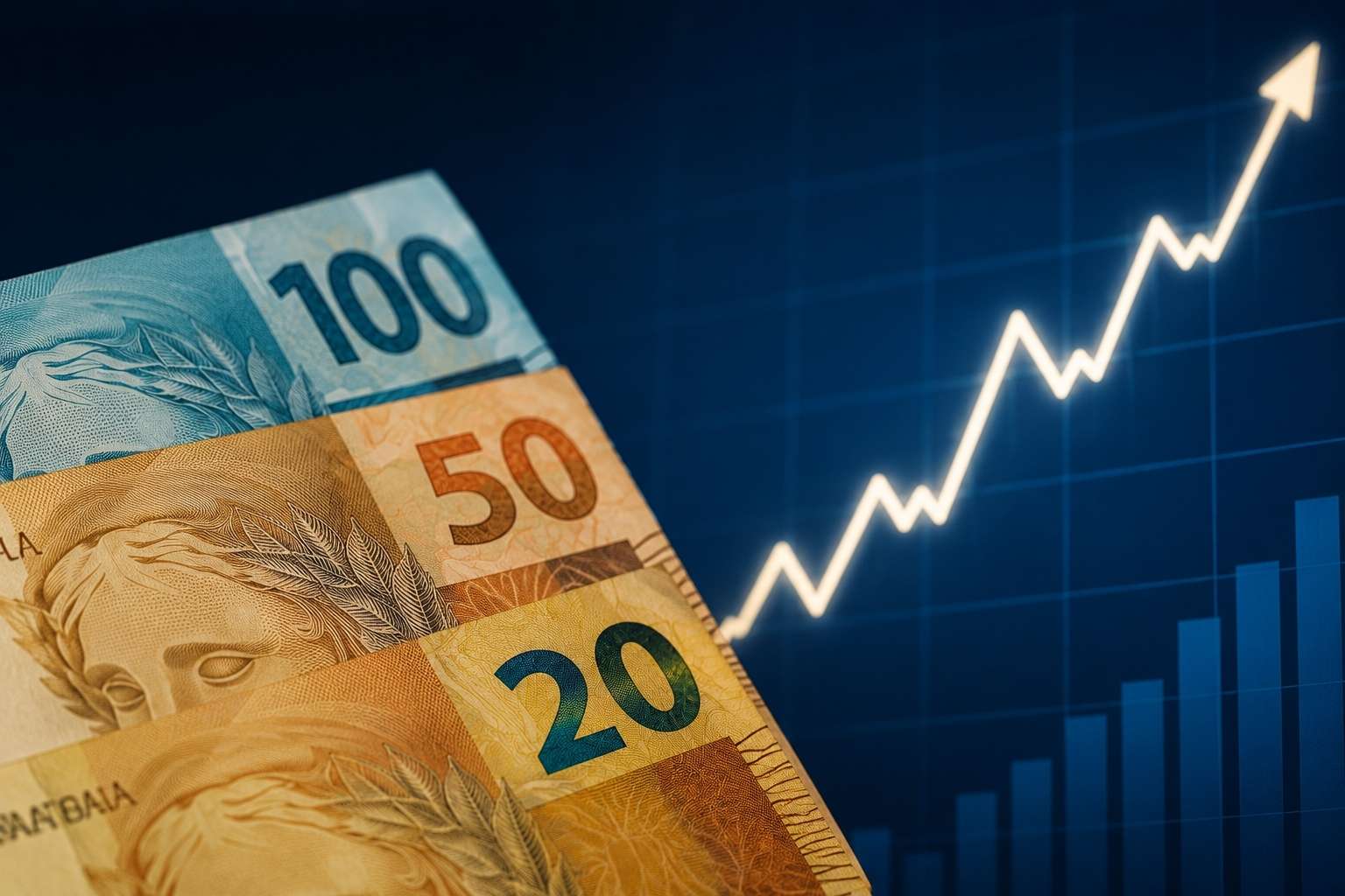 Cédulas de real em destaque diante de gráfico financeiro com trajetória de alta.