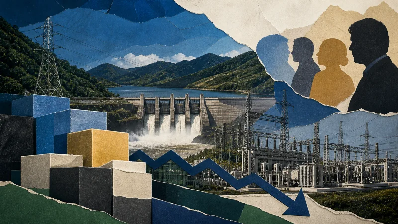 Colagem editorial com hidrelétrica, rede elétrica e incertezas sobre a Cemig