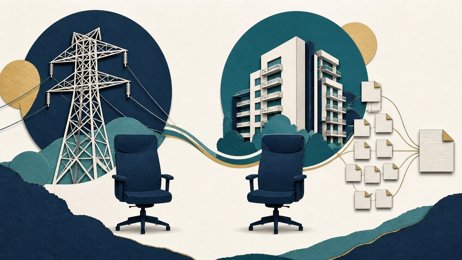 Torre de energia, edifício e reorganização de ações em colagem editorial