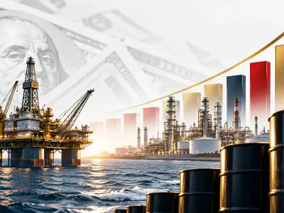 Colagem minimalista com plataforma de petróleo, refinaria, barris, dólares e gráfico de lucro