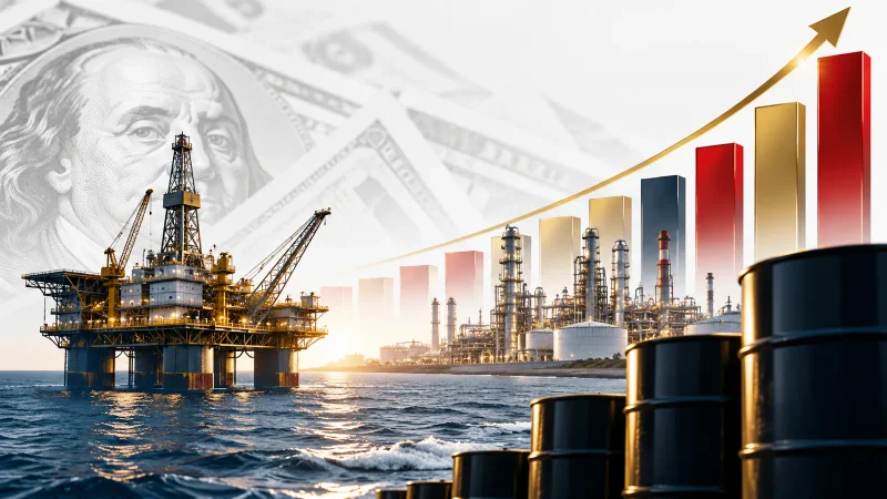 Colagem minimalista com plataforma de petróleo, refinaria, barris, dólares e gráfico de lucro