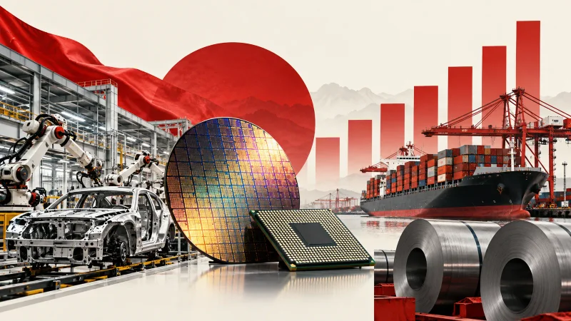 Colagem minimalista com fábrica chinesa, semicondutor, navio e bobinas de aço