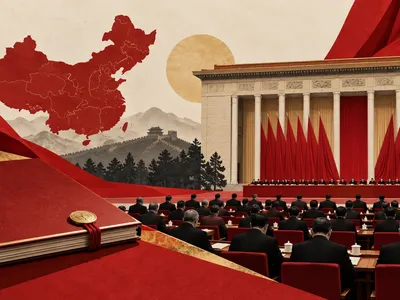 Colagem minimalista com mapa da China, edifício oficial, plenário e documento político