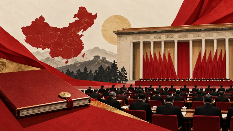 Colagem minimalista com mapa da China, edifício oficial, plenário e documento político