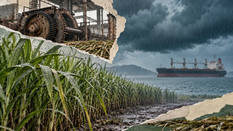 Colagem clean com canavial sob chuva, usina e navio parado