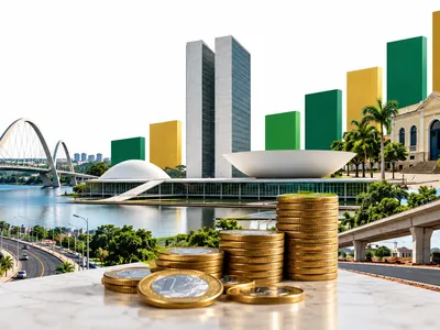 Colagem minimalista com Congresso, governos locais, ponte, obra pública, moedas e barras de financiamento