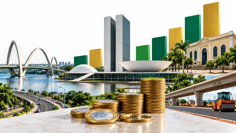 Colagem minimalista com Congresso, governos locais, ponte, obra pública, moedas e barras de financiamento