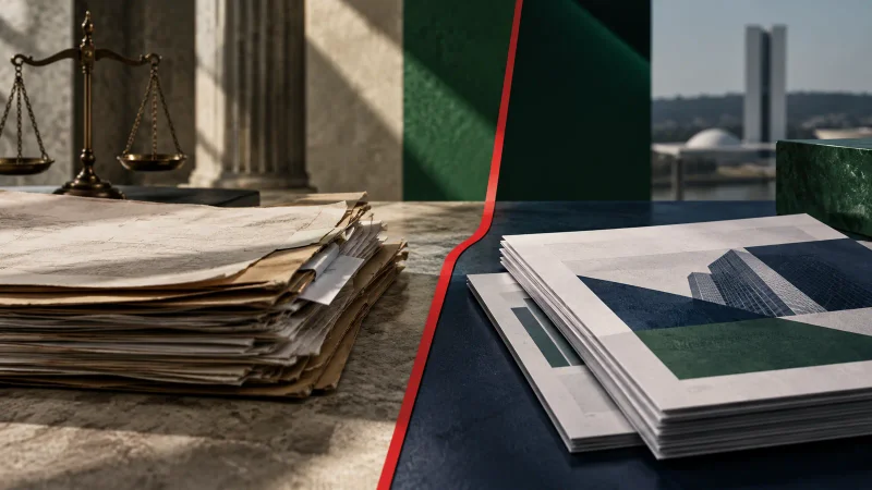 Colagem editorial de documentos judiciais e financeiros separados por uma linha, ilustrando a nova regra para FIDCs