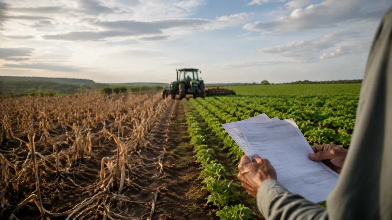 Produtor analisa documentos diante de lavoura afetada pelo clima e área rural recuperada