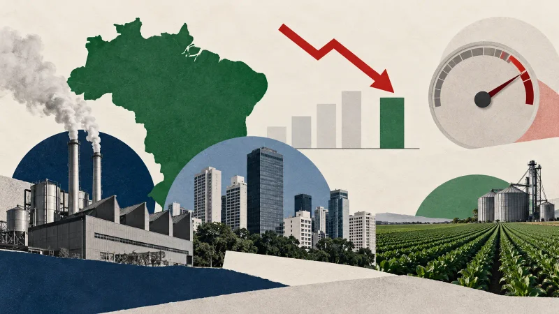 Colagem minimalista com mapa do Brasil, fábrica, cidade, lavoura, seta de revisão e medidor de juros