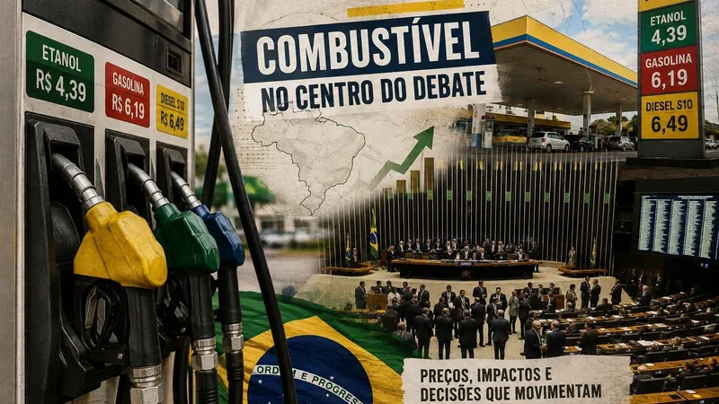 Bombas de combustível, posto e plenário da Câmara dos Deputados em colagem sobre preços da gasolina, etanol e diesel.