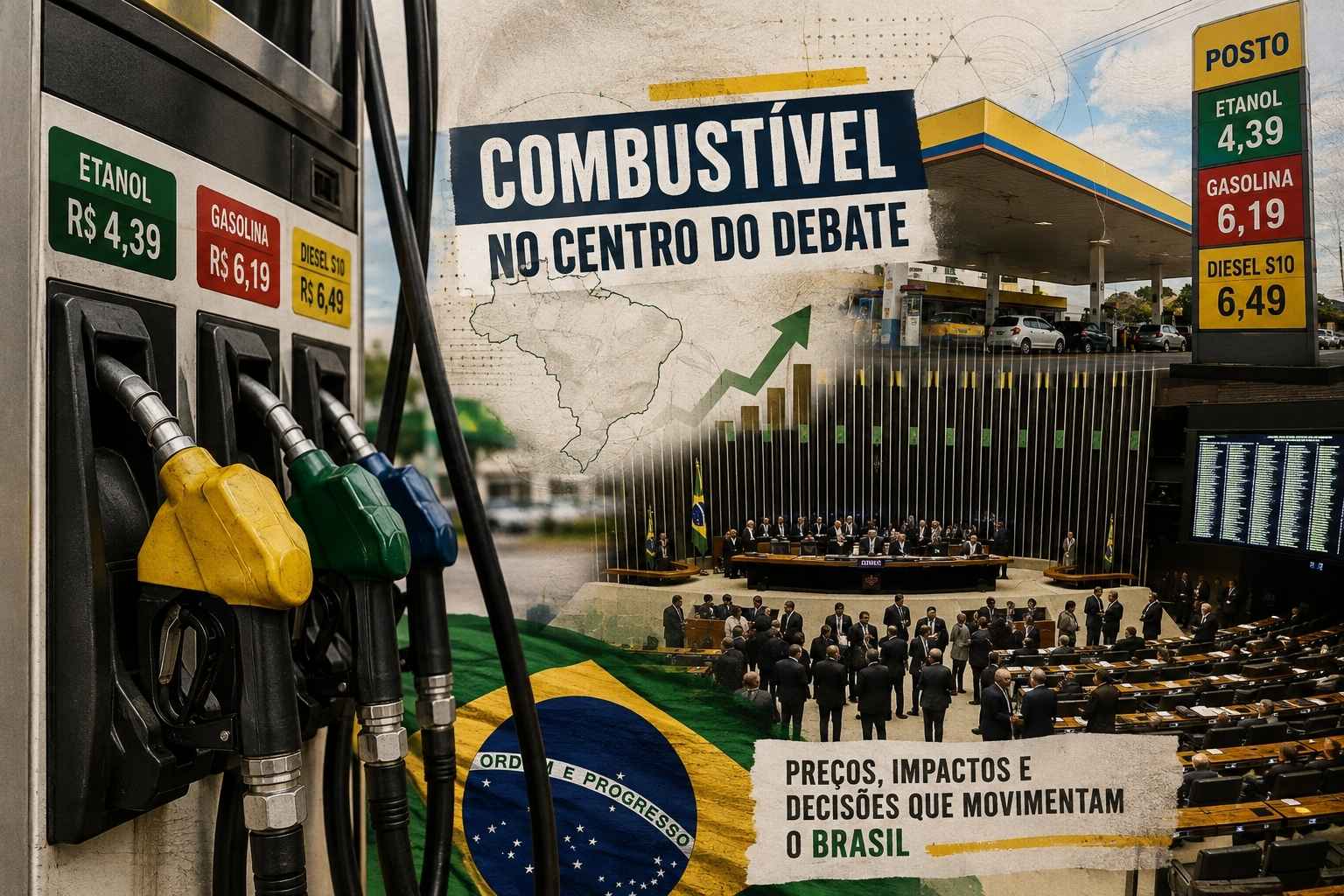Bombas de combustível, posto e plenário da Câmara dos Deputados em colagem sobre preços da gasolina, etanol e diesel.